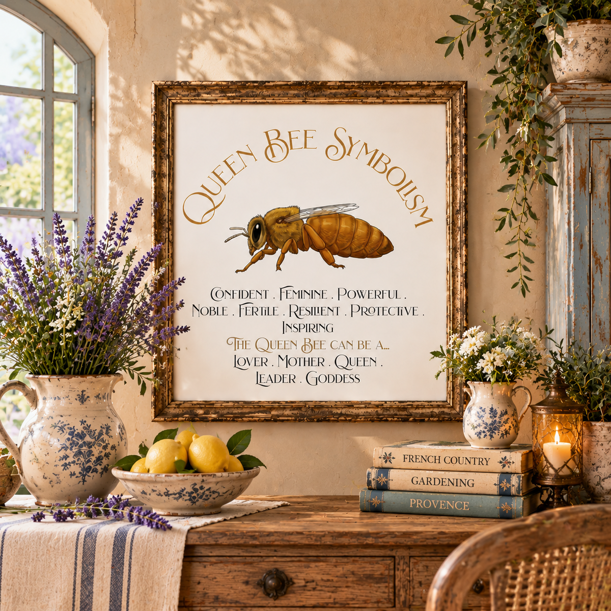 A framed decorative wall print featuring the words 'Queen Bee Symbolism' and a detailed bee illustration, displayed in a rustic interior setting with lavender in a pitcher, lemons, books, and a lantern on a wooden table.
