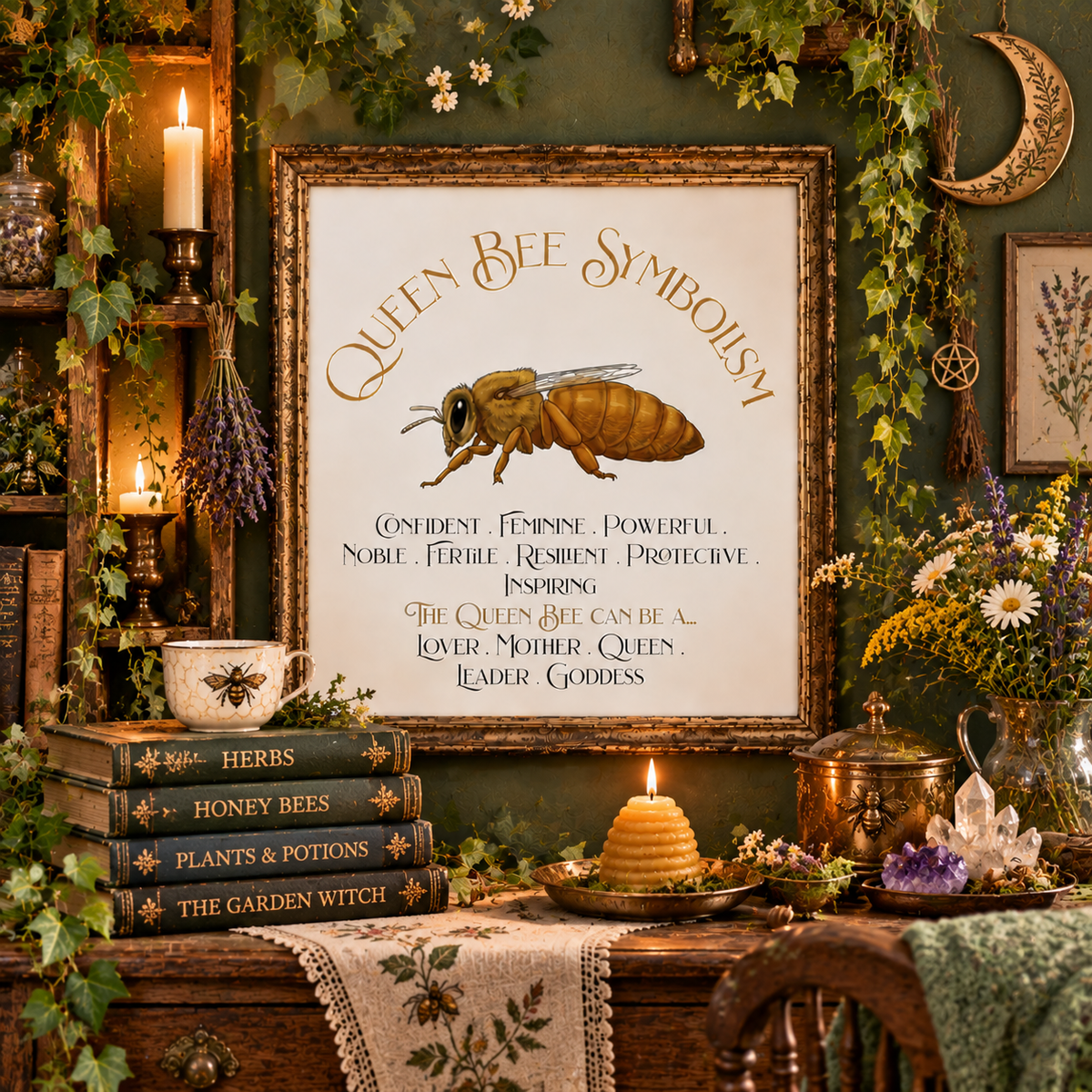 A framed art print featuring 'Queen Bee Symbolism' with an illustration of a queen bee and symbolic text, displayed above a rustic table with crystals, herbs, candles, books, and floral decor. Shelving holds books, candles, drying herbs, and a jar while a moon decoration hangs on the wall.