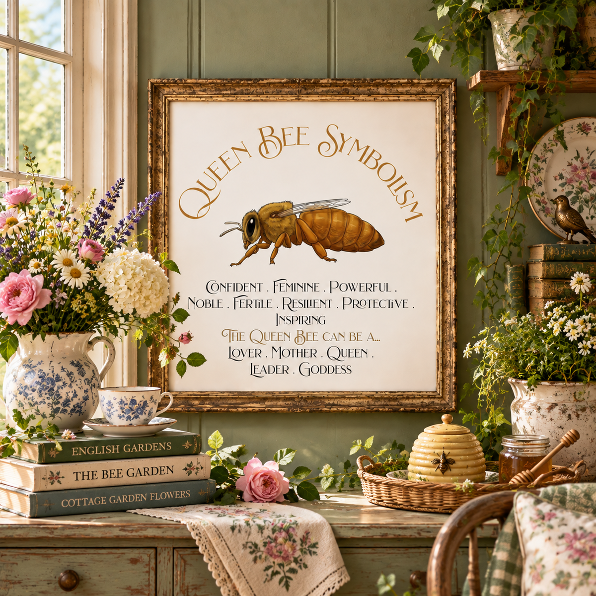 A framed art print featuring 'Queen Bee Symbolism' with an illustration of a queen bee and decorative text, displayed above a rustic table with flowers, books, a teacup, a potted plant, and a tray with a hive-shaped pot and a jar of honey.
