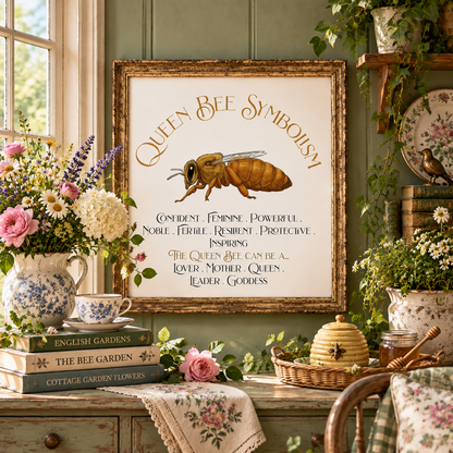 A framed art print featuring 'Queen Bee Symbolism' with an illustration of a queen bee and decorative text, displayed above a rustic table with flowers, books, a teacup, a potted plant, and a tray with a hive-shaped pot and a jar of honey.