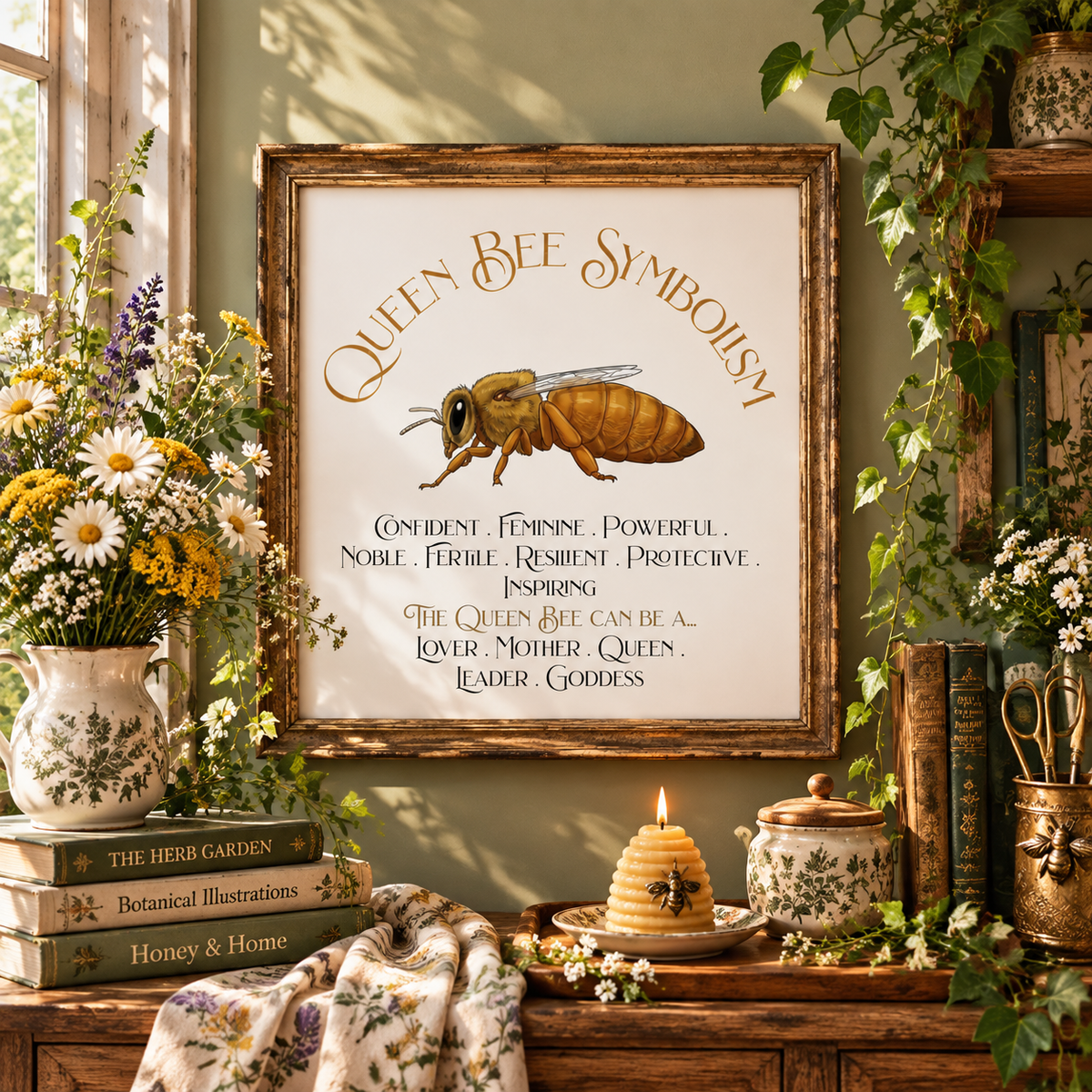 A framed art print featuring 'Queen Bee Symbolism' with an illustration of a queen bee and text, displayed above a rustic wooden shelf with flowers, books, a candle, a table cloth, a candle, a pottery container, a pitcher of flowers, and plants.