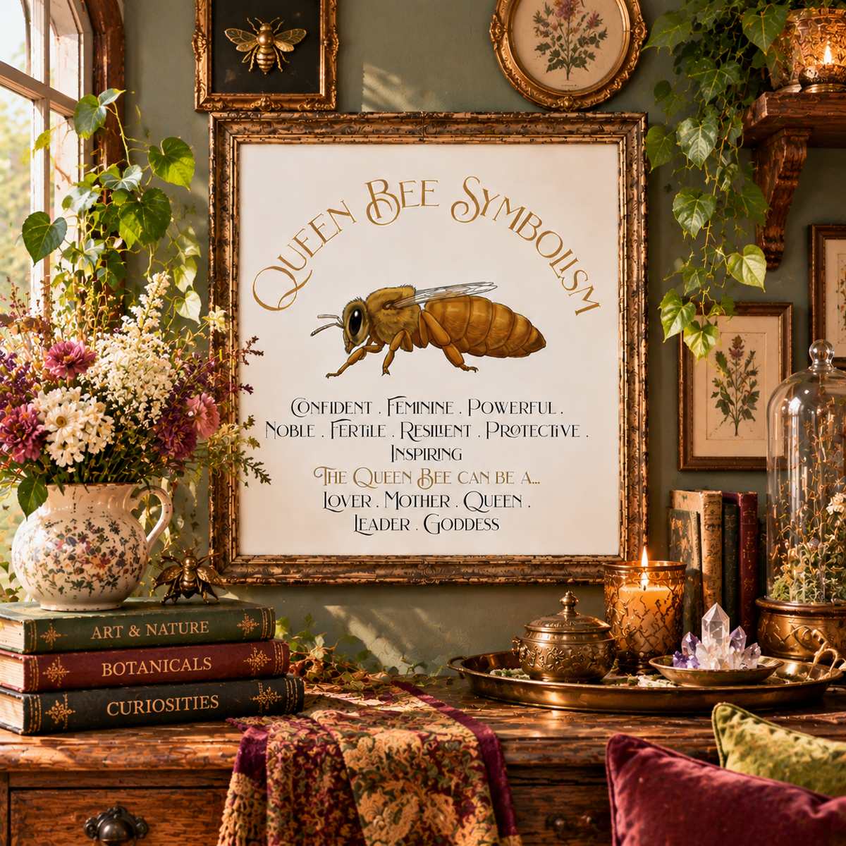 A framed art print featuring 'Queen Bee Symbolism' with an illustration of a queen bee and inspirational text, displayed above a rustic wooden table in a richly decorated room with botanicals, plants, velvet pillows, candles, and vintage books.
