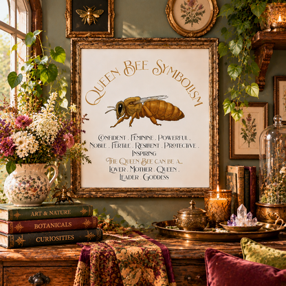 A framed art print featuring 'Queen Bee Symbolism' with an illustration of a queen bee and inspirational text, displayed above a rustic wooden table in a richly decorated room with botanicals, plants, velvet pillows, candles, and vintage books.