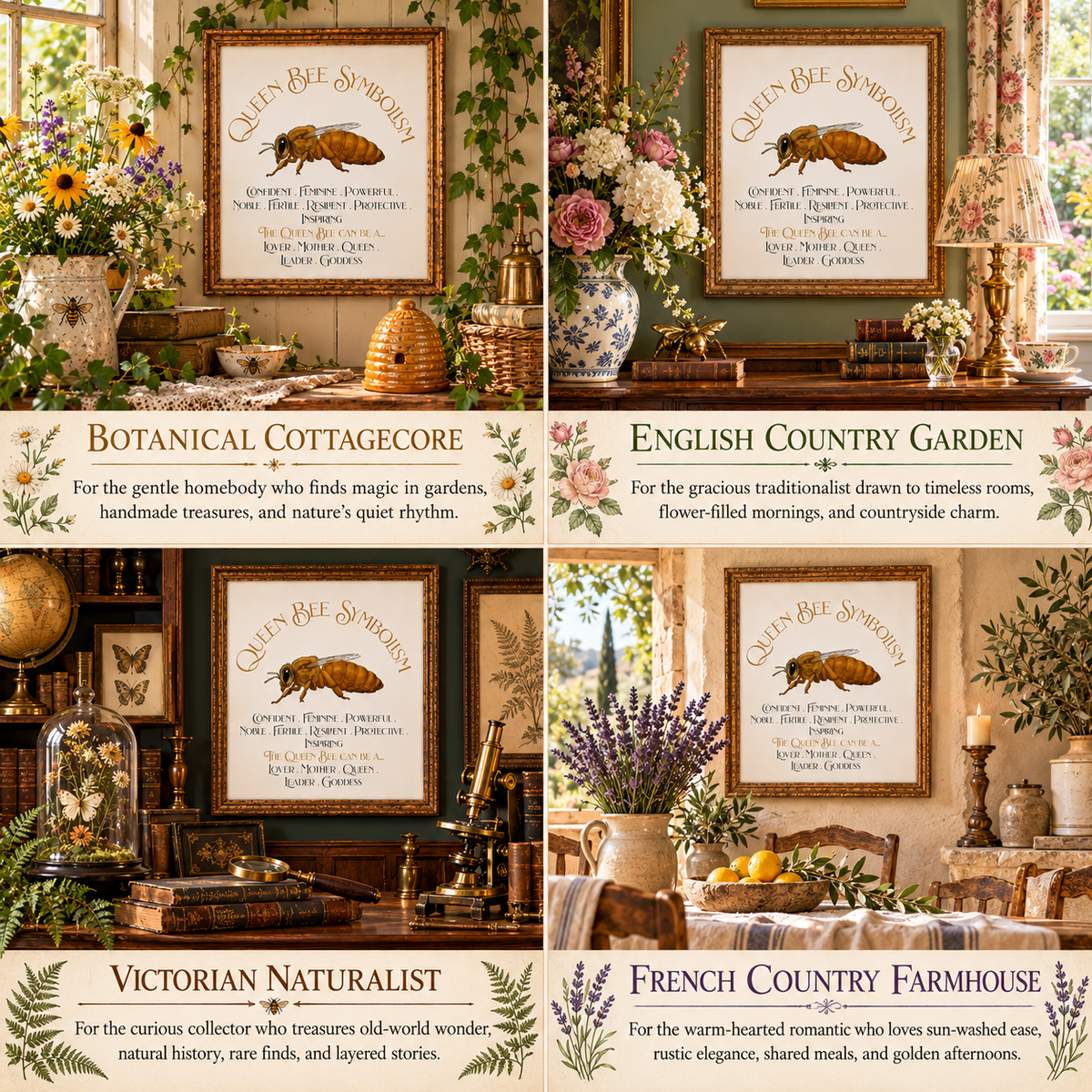 A four-panel collage showing framed Queen Bee Symbolism prints in different decorative room settings with titles for each style: Botanical Cottagecore, English Country Garden, Victorian Naturalist, French Country Farmhouse.