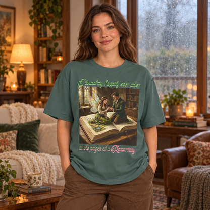 A woman wearing a muted sage green graphic t-shirt with a vintage-style illustration of a man proposing to a fairy while in a library. The woman is posed in a cozy, warmly lit living room.