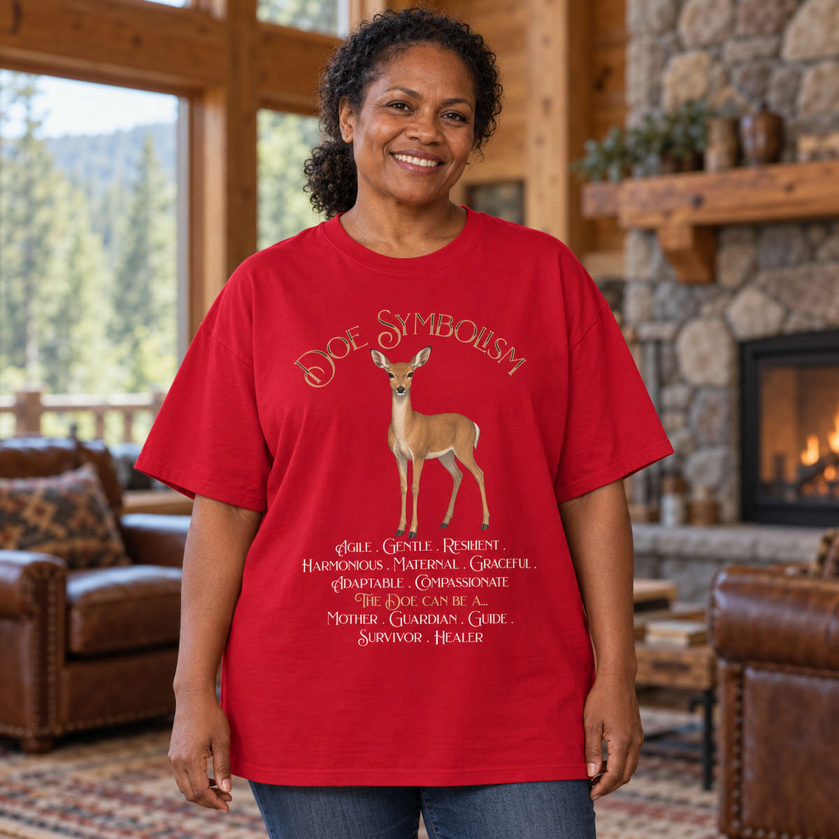 A smiling woman wearing a bright red graphic t-shirt with a deer illustration and the text 'DOE SYMBOLISM' in a cabin living room with a fireplace in the background.