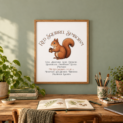 A framed art print featuring an illustration of a squirrel holding an acorn titled Red Squirrel Symbolism, with decorative text, hanging on a green wall above a wooden desk with plants, books, a journal, a cup full of pencils and brushes, a laptop, and a tray full of paints.