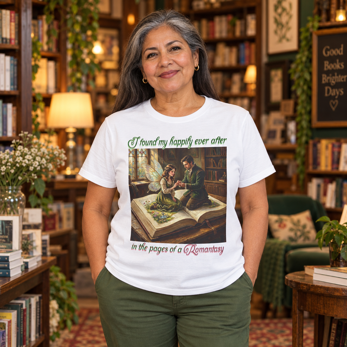 A woman with salt and pepper hair stands in a cozy, book-filled library wearing a light sage green graphic t-shirt. The t-shirt features a vintage-style illustration of a man proposing to a fairy as they sit on a book and the text 'I found my happily ever after in the pages of a Romantasy'.