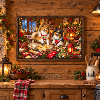 A framed Christmas-themed canvas print featuring two shelties in a cozy holiday kitchen scene, displayed on a rustic wooden wall above a decorated counter with candles, pinecones, kitchen accessories, a lantern, holiday greenery, and plaid towels.