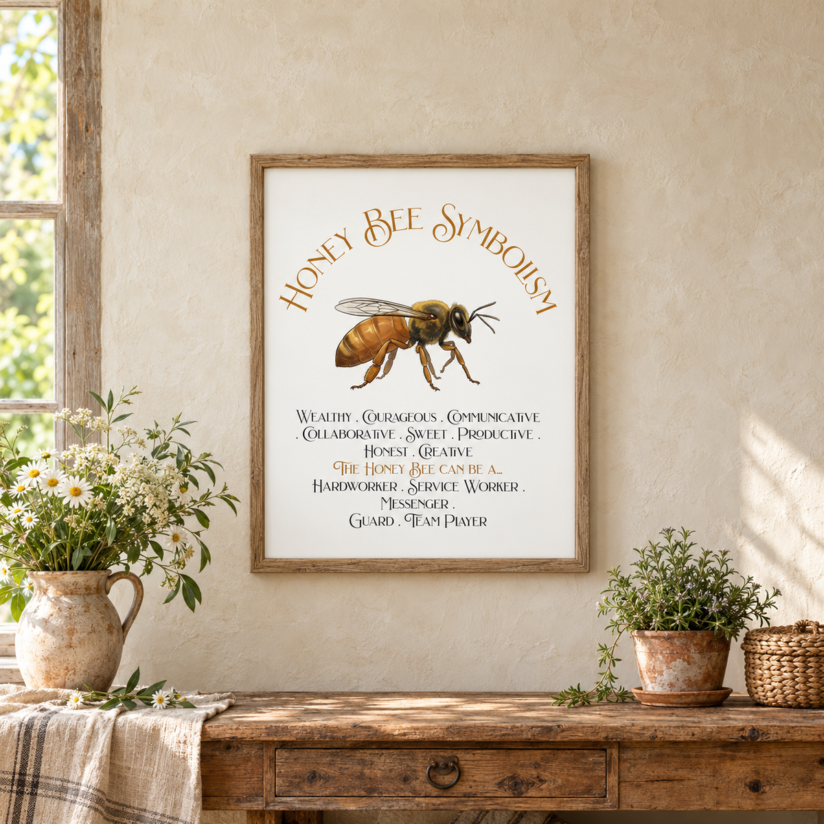 A framed art print titled 'Honey Bee Symbolism' featuring a detailed illustration of a honeybee and a list of qualities attributed to it, displayed above a rustic wooden console table in a warm, sunlit room with potted plants, a small woven basket, and a window.