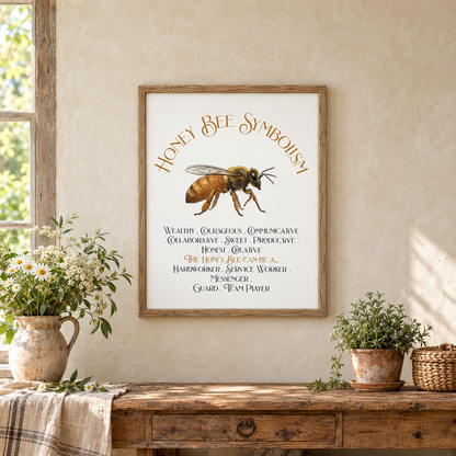 A framed art print titled 'Honey Bee Symbolism' featuring a detailed illustration of a honeybee and a list of qualities attributed to it, displayed above a rustic wooden console table in a warm, sunlit room with potted plants, a small woven basket, and a window.