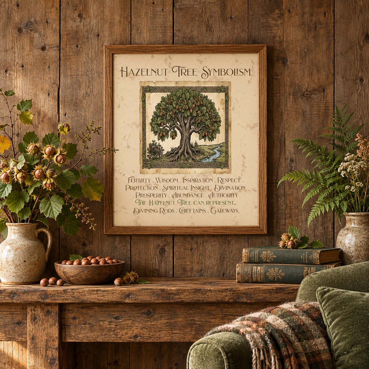 A framed vintage-style art print titled 'Hazelnut Tree Symbolism' hangs on a rustic wooden wall above a wooden console table with pitchers of hazelnut branches and greenery, bowls of hazelnuts, and books. There is a green chair with a pillow and a plaid blanket nearby.