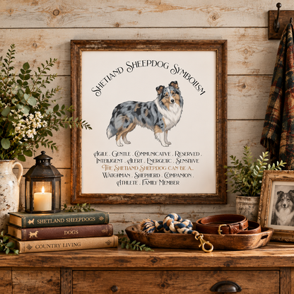 A print of an illustration of a Sheltie with the title Shetland Sheepdog Symbolism and a list of symbolic traits, displayed above a rustic wooden table with a lantern, books, a rope tug toy, a leather leash and collar, a vase with greenery, a potted plant, and a small framed dog photo.