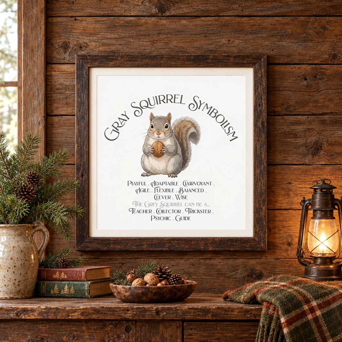A framed art print featuring a gray squirrel holding an acorn with the text 'Gray Squirrel Symbolism' displayed on a wooden wall above a rustic wooden shelf with a lantern, a bowl of nuts, books, pine branches, and a plaid throw blanket.