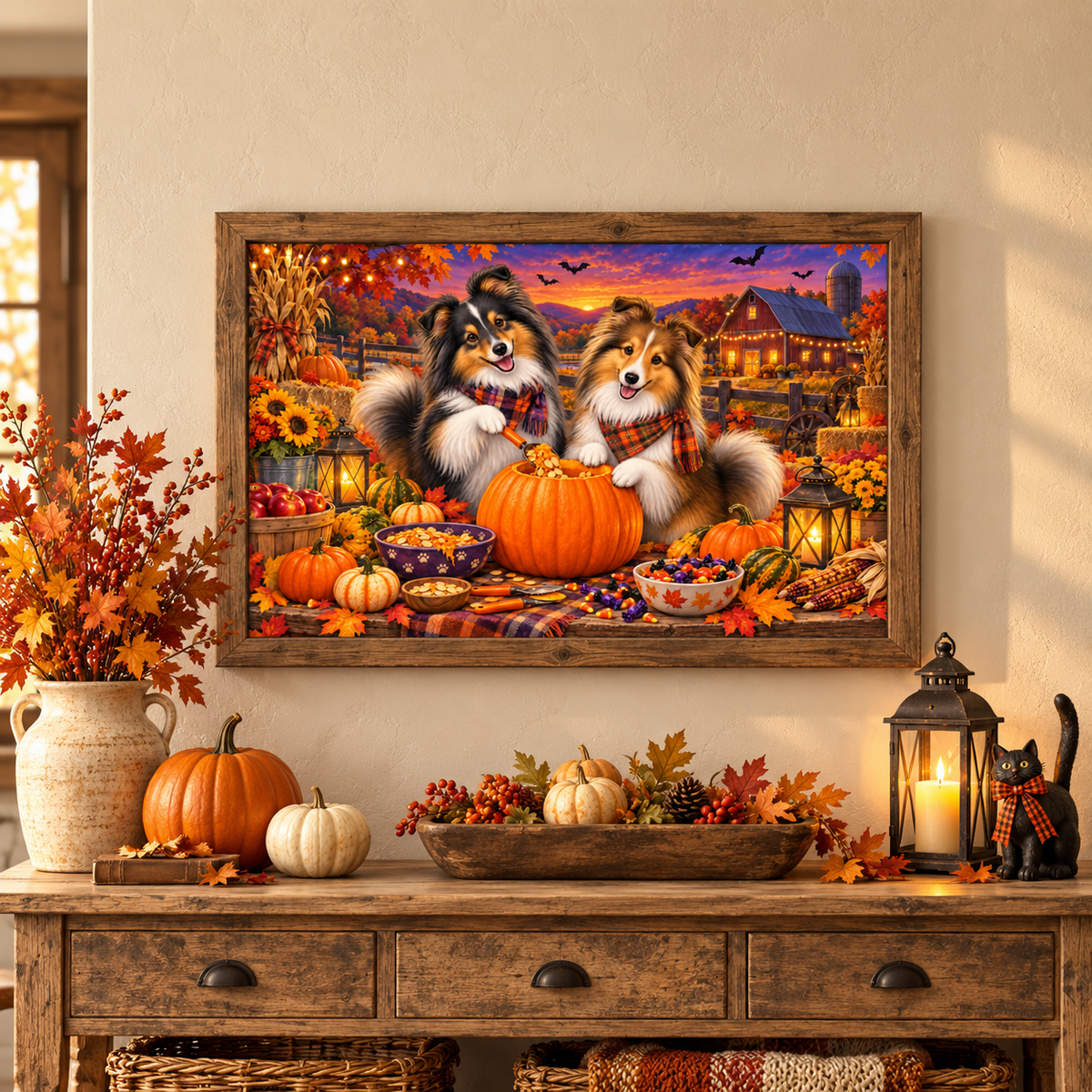 A framed autumn-themed art print featuring two shelties with plaid scarves carving a large orange pumpkin, displayed above a wooden console table with a cat figurine, pumpkins, leaves, a vase of autumn leaves, a book, and a lantern.