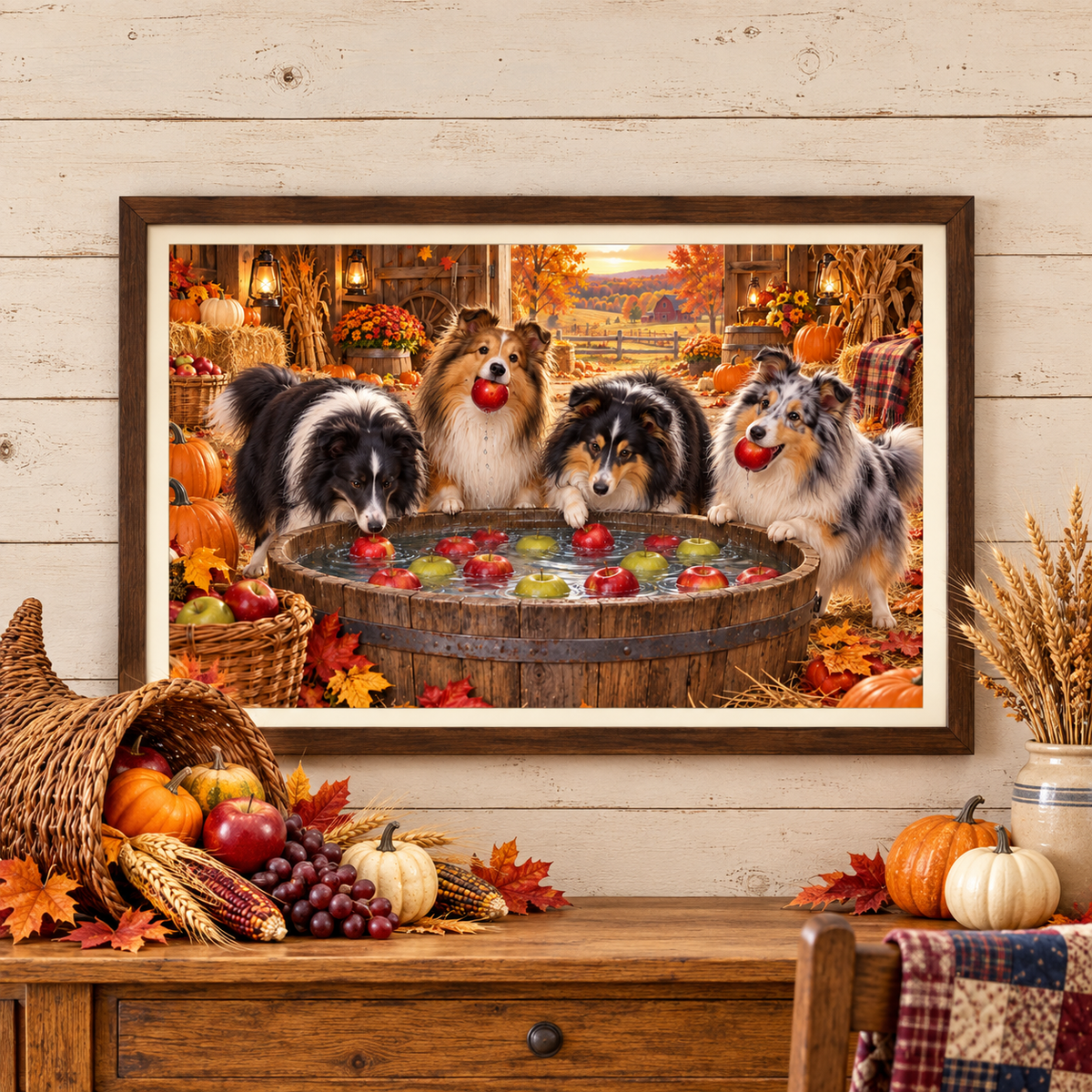 A framed autumn-themed art print depicting four shelties bobbing for apples in a barrel of water, displayed on a rustic wooden wall above a decorated fall table with a vase of wheat and a cornucopia full of pumpkins, apples, grapes, corn, wheat, and autumn leaves. A red, white, and blue patchwork quilt hangs on a wooden chair nearby.