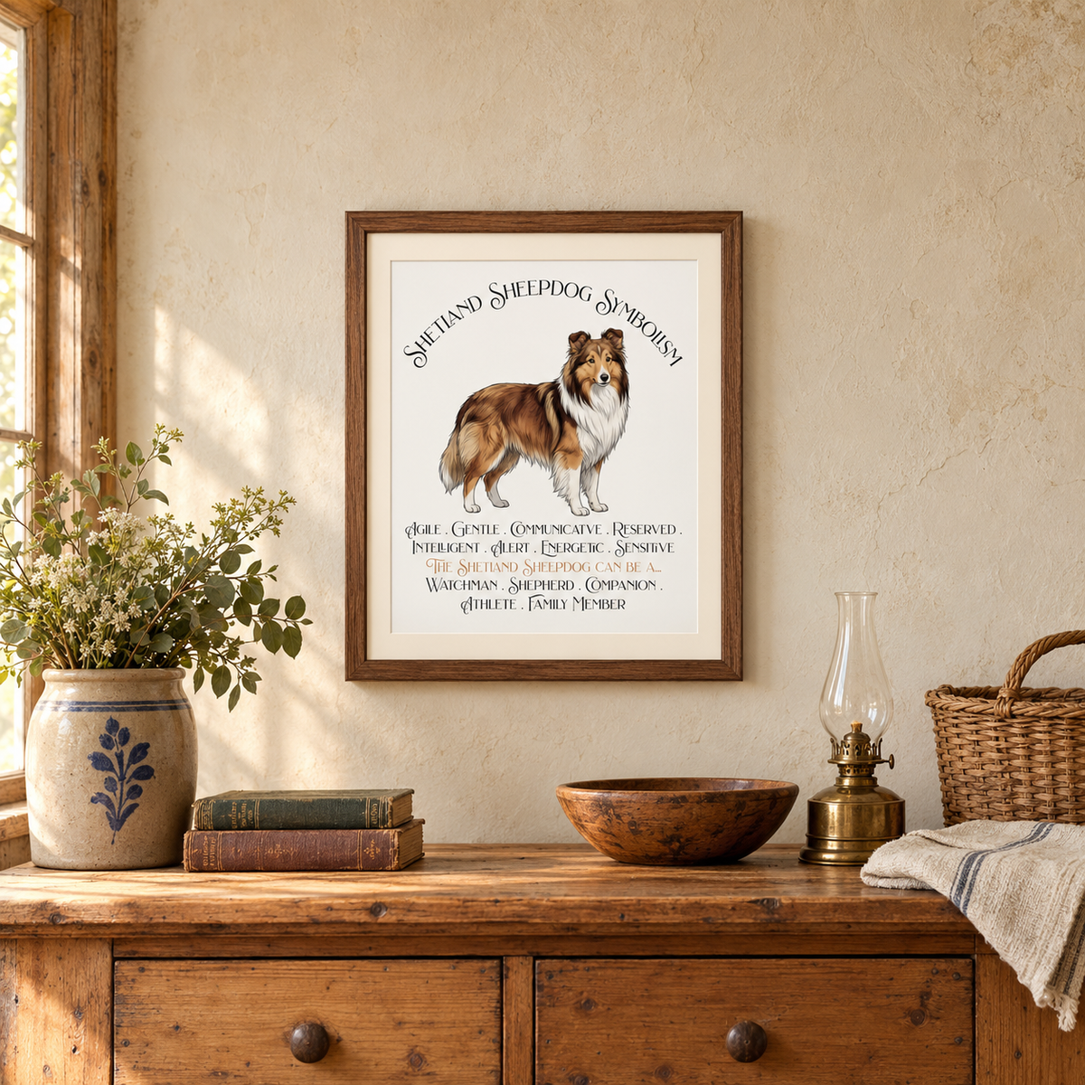 A framed art print featuring a detailed illustration of a Shetland Sheepdog with text, hanging on a textured beige wall above a rustic wooden dresser with a vase of flowers, books, a wooden bowl, a gas lamp, a towel, and a woven basket.