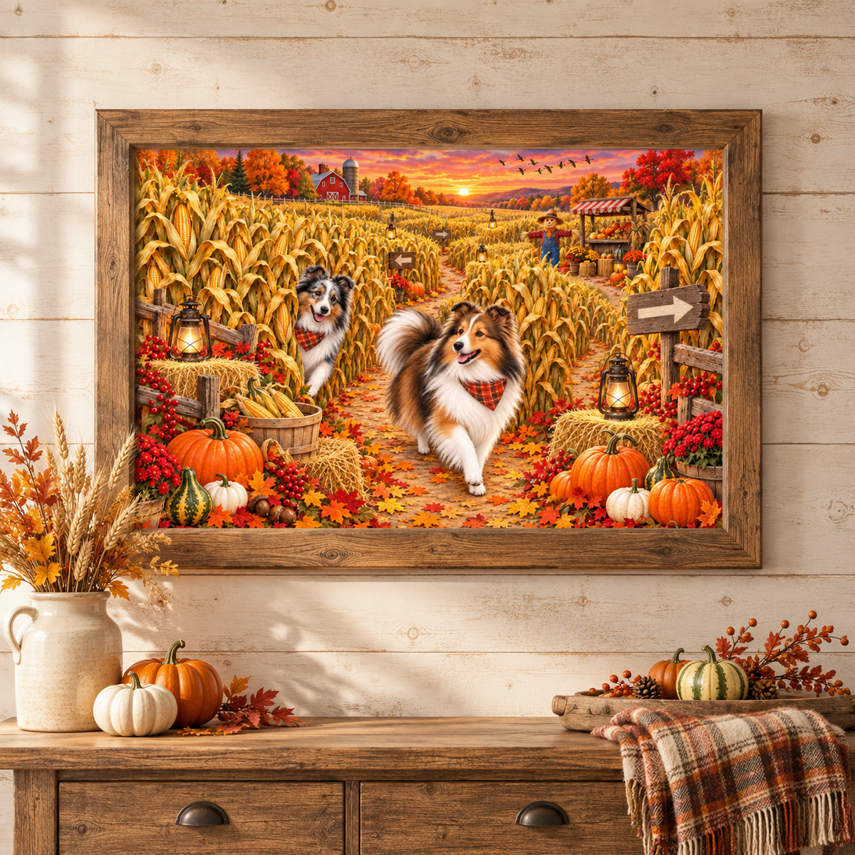 A large framed art print of two shelties exploring a corn maze hangs on a light wood-paneled wall above a rustic wooden console table with a fall plaid blanket, pumpkins, and a vase of autumn leaves and wheat.