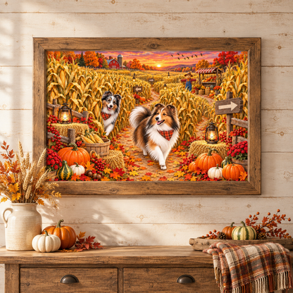 A large framed art print of two shelties exploring a corn maze hangs on a light wood-paneled wall above a rustic wooden console table with a fall plaid blanket, pumpkins, and a vase of autumn leaves and wheat.