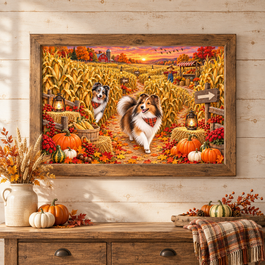 A large framed art print of two shelties exploring a corn maze hangs on a light wood-paneled wall above a rustic wooden console table with a fall plaid blanket, pumpkins, and a vase of autumn leaves and wheat.