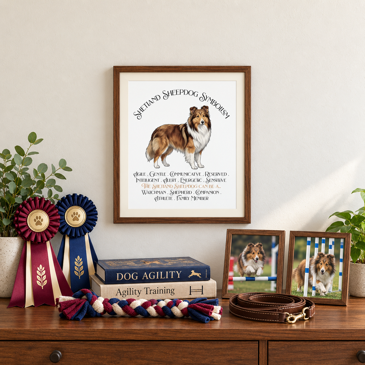 A framed personalized dog portrait featuring a Sheltie illustration and text, displayed above a wooden console table with photos of a sheltie performing agility, a leather dog leash, potted plants, a tug toy, ribbons, and books about agility.