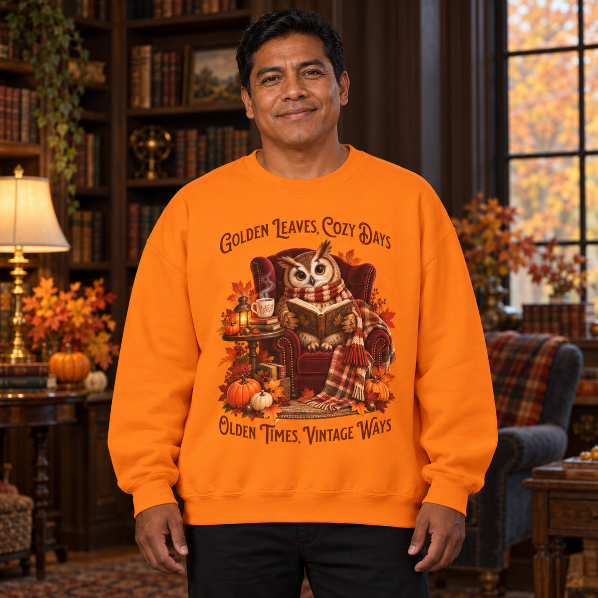A man wearing a bright orange crewneck sweatshirt with a detailed autumn owl graphic and the text 'Golden Leaves, Cozy Days' and 'Olden Times, Vintage Ways'. The background is a cozy, warm-toned living room with bookshelves, a lamp, and autumn foliage.