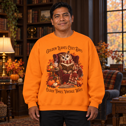 A man wearing a bright orange crewneck sweatshirt with a detailed autumn owl graphic and the text 'Golden Leaves, Cozy Days' and 'Olden Times, Vintage Ways'. The background is a cozy, warm-toned living room with bookshelves, a lamp, and autumn foliage.