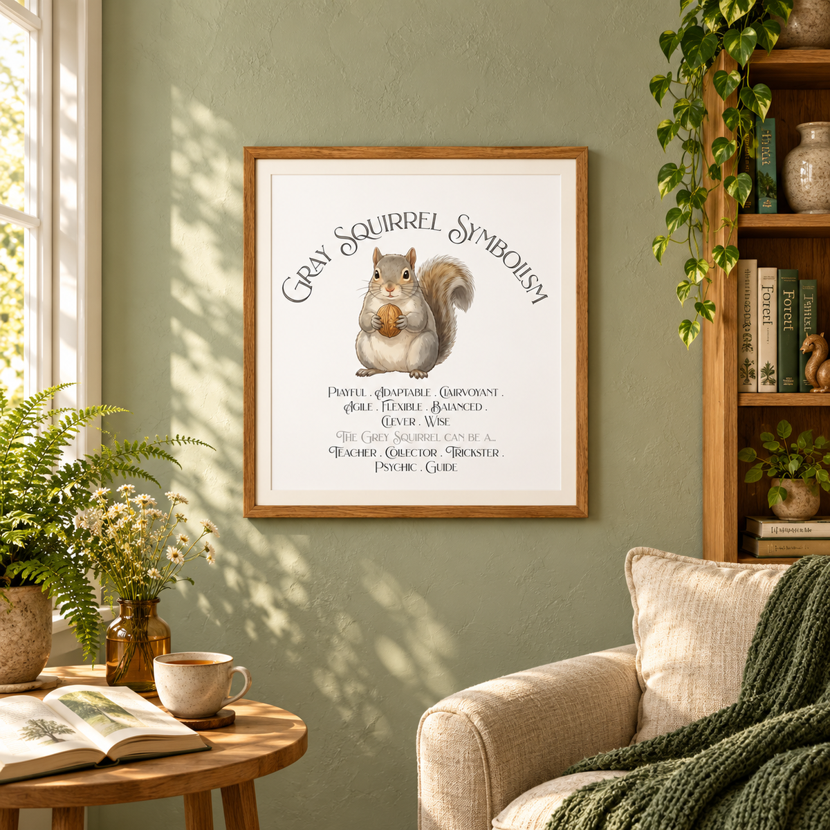 A framed art print featuring a a gray squirrel holding a walnut, with the text 'Gray Squirrel Symbolism' and additional text below, displayed on a sage green wall beside a bookshelf in a cozy living room setting. In front is a stuffed chair with a green blanket with a side table filled with a potted fern, bottle of flowers, cup of tea, and a tree book.