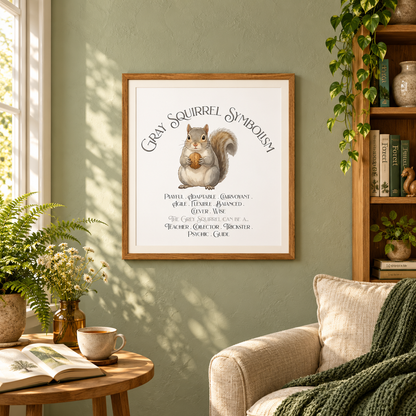 A framed art print featuring a a gray squirrel holding a walnut, with the text 'Gray Squirrel Symbolism' and additional text below, displayed on a sage green wall beside a bookshelf in a cozy living room setting. In front is a stuffed chair with a green blanket with a side table filled with a potted fern, bottle of flowers, cup of tea, and a tree book.