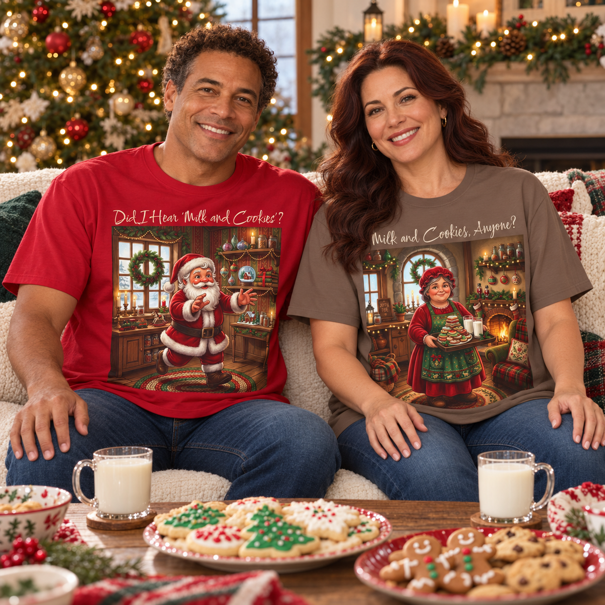 A man and a woman sitting on a couch in a cozy holiday living room, wearing couple Christmas graphic t-shirts. The man's red shirt reads "Do I Hear 'Milk and Cookies'?" with an illustration of Santa Claus running forward, while the woman's brown shirt reads "Milk and Cookies, anyone?" with an illustration of Mrs. Claus.