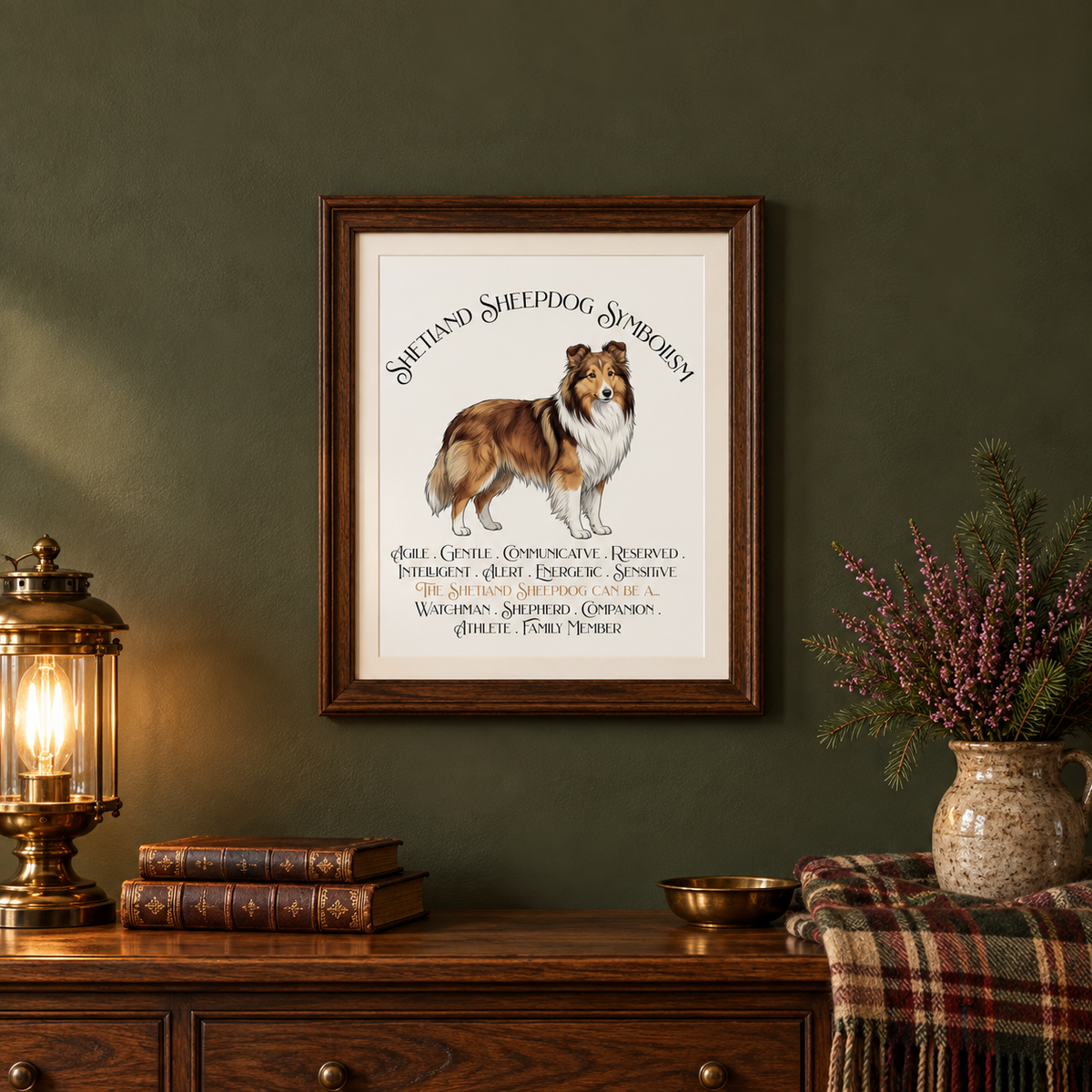 A framed art print featuring a Sheltie with the text 'Shetland Sheepdog Symbolism' and a list of qualities, displayed on a dark olive green wall above a wooden console table with a lantern, books, and a plaid throw.