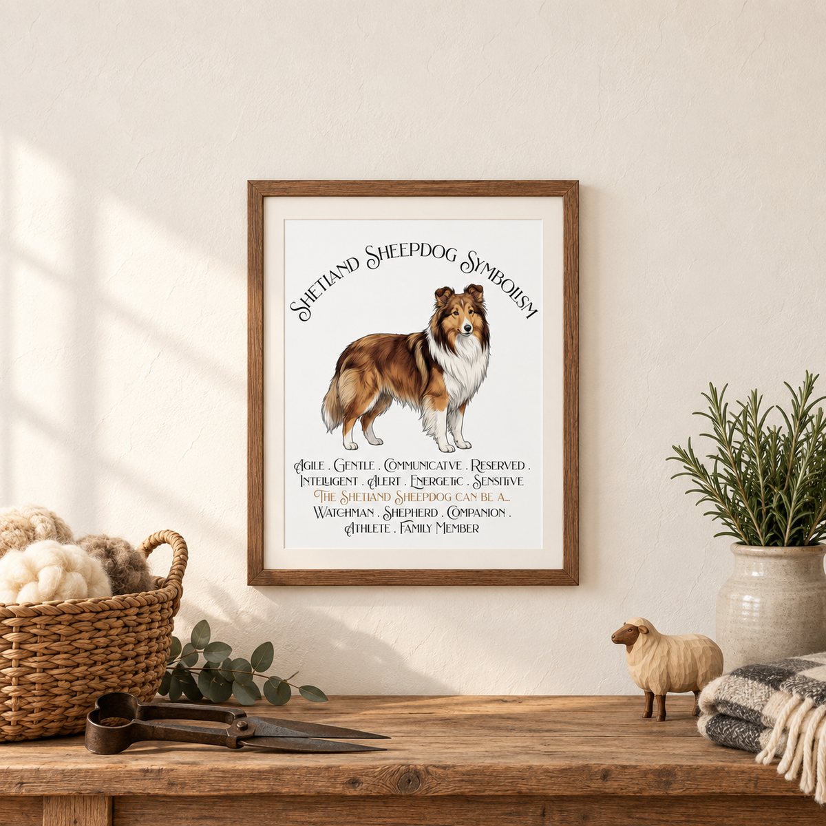 A framed vertical art print featuring a watercolor illustration of a sheltie with the text 'Shepherd Sheepdog Symbolism' and additional decorative text, displayed above a wooden table with a basket of wool, plant, vintage shears, and a small sheep figurine.