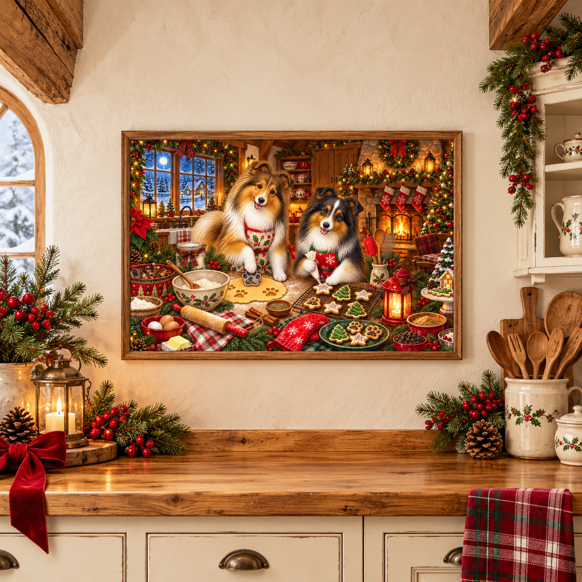 A framed Christmas-themed canvas print featuring two shelties baking in a festive kitchen scene, displayed on a beige wall above a wooden kitchen counter decorated for Christmas with a lantern, greenery with red berries, and a red plaid hand towel.