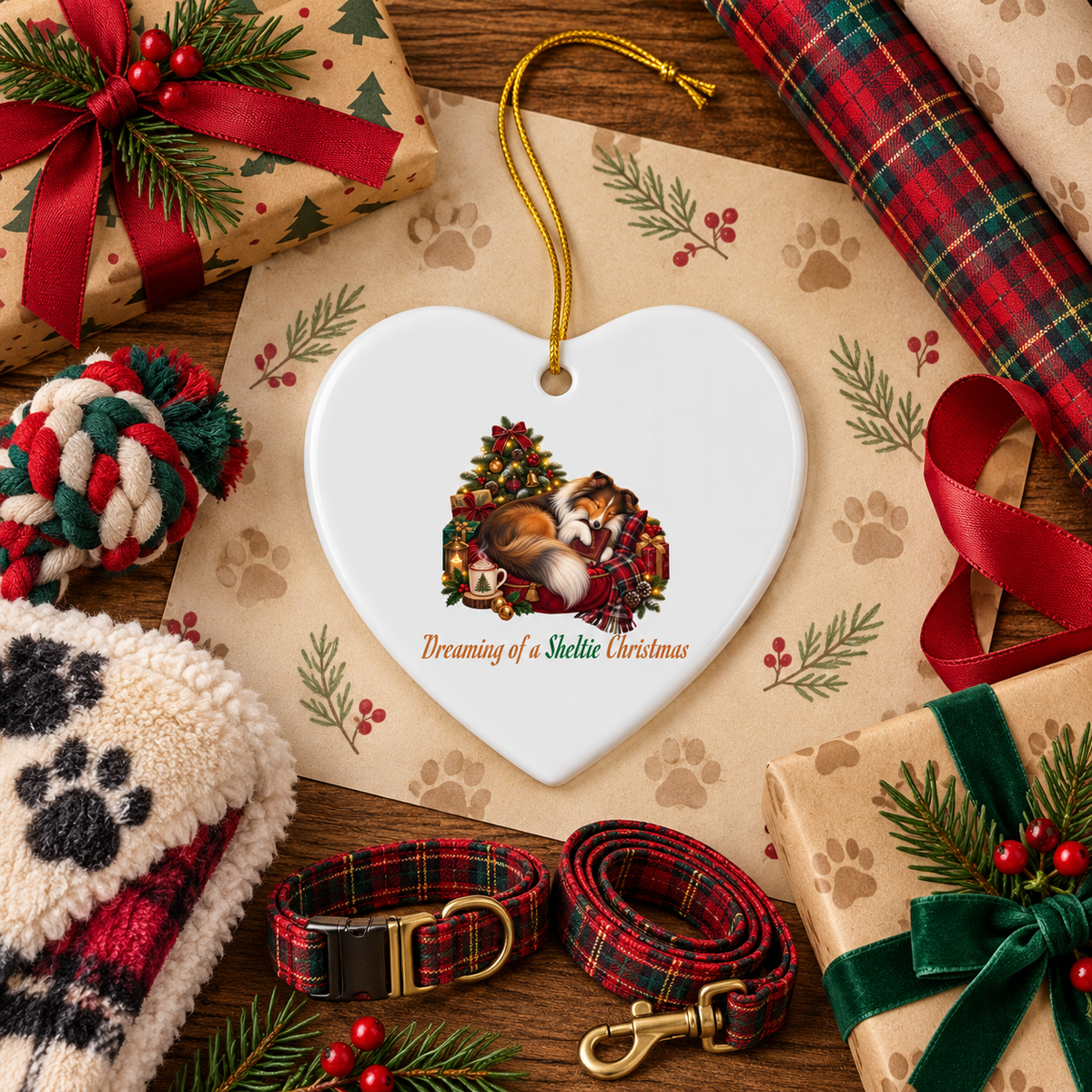 A heart-shaped white ceramic Christmas ornament with a gold hanging string, featuring an illustration of a sheltie sleeping in front of a Christmas tree and the text 'Dreaming of a Sheltie Christmas'. The ornament is styled in a cozy holiday flat-lay with dog accessories, wrapped gifts, and paw print wrapping paper on a wooden surface.