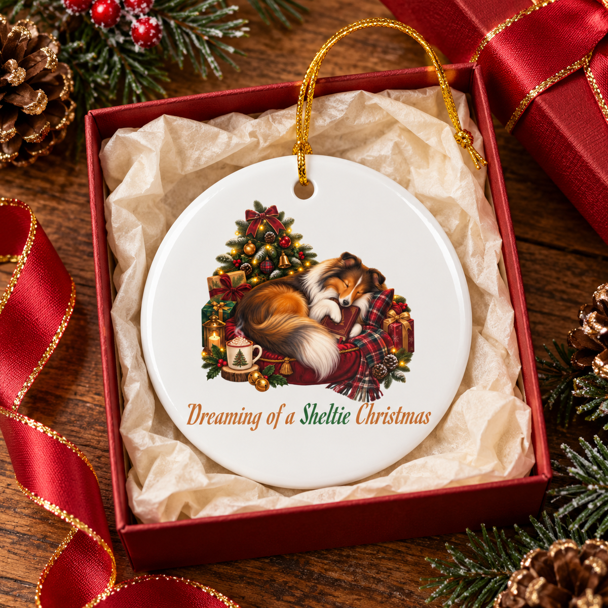 A round white Christmas ornament with a gold hanging loop, featuring an illustration of a sleeping sheltie beside a decorated Christmas tree, with the text 'Dreaming of a Sheltie Christmas.' The ornament is displayed on tissue paper inside a red gift box, which is surrounded by holiday greenery, pinecones, and red ribbon on a wooden surface.