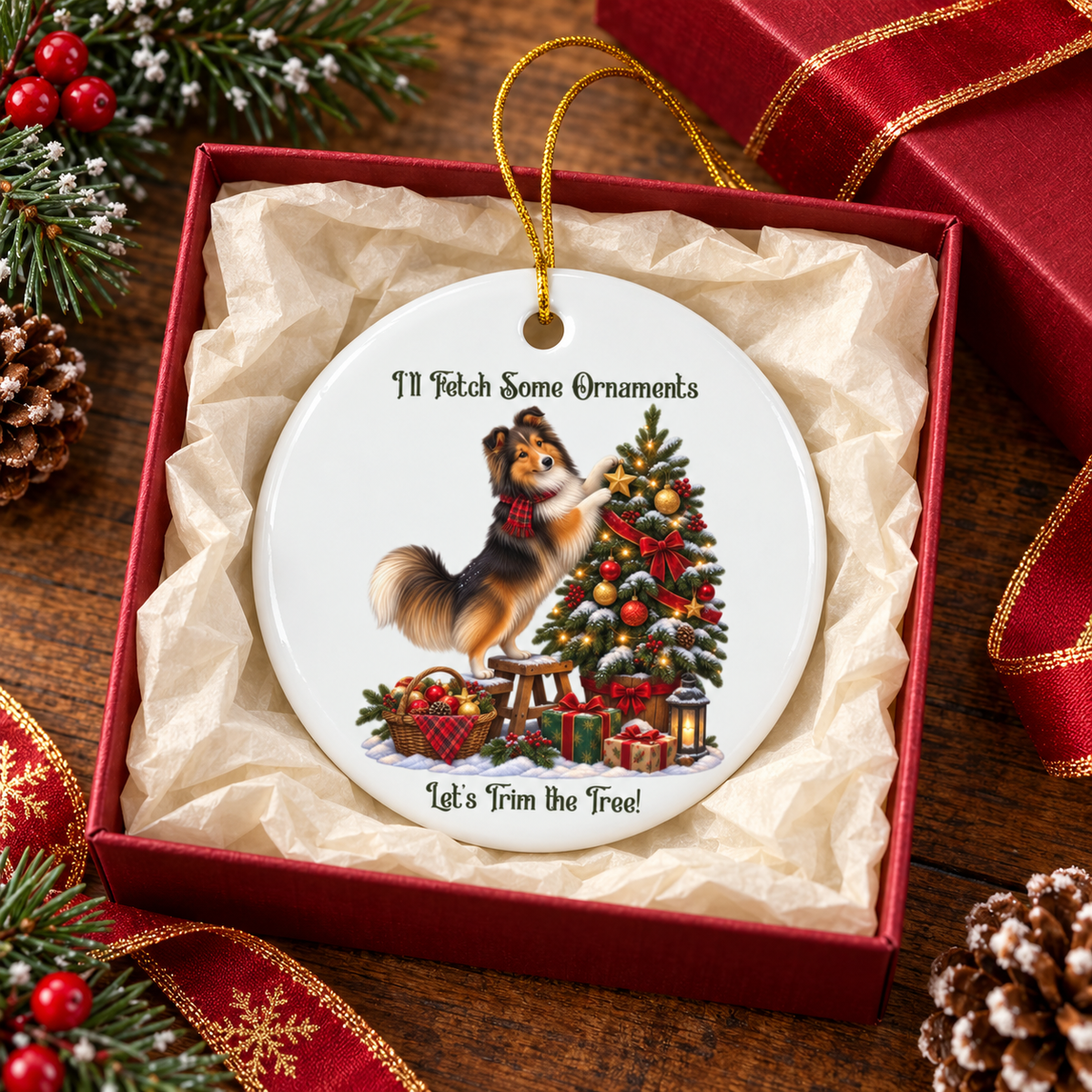 A round ceramic Christmas ornament displayed in its red gift box with tissue paper. The ornament features an illustration of a sheltie decorating a Christmas tree surrounded by the text 'I'll Fetch Some Ornaments' on top and 'Let's Trim the Tree!' below.