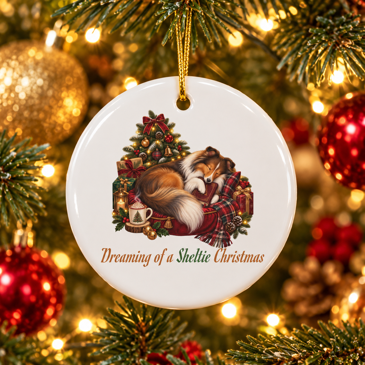 A round white ceramic Christmas ornament hanging on a decorated tree. The ornament features an illustration of a sleeping sable sheltie beside a small Christmas tree, a steaming mug filled with whip, and gift boxes, with the text 'Dreaming of a Sheltie Christmas' below.