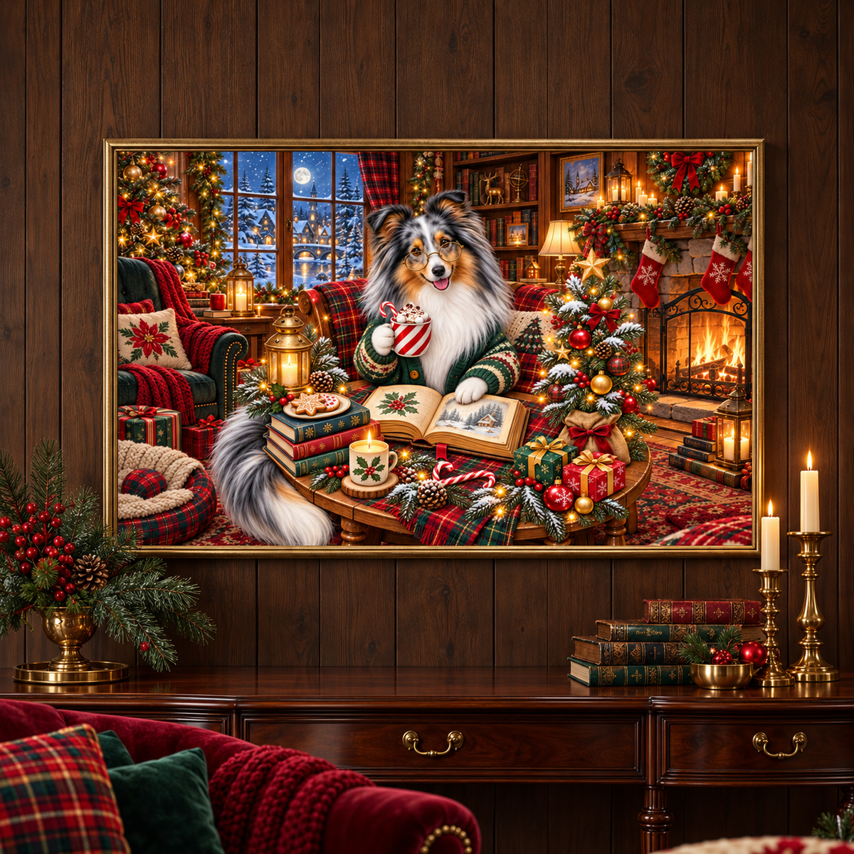 A large framed holiday canvas print of a merle sheltie in a festive living room hangs on a dark wood wall above a mahogany console table with a pot of festive greenery, books, and glowing candles. In front is a red velvet chair with a red blanket and several pillows.