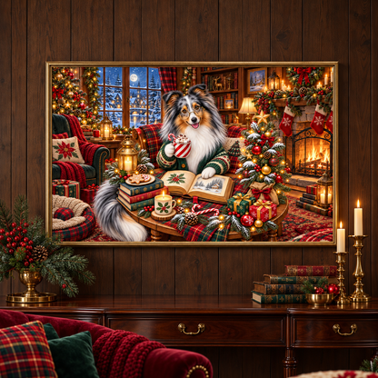A large framed holiday canvas print of a merle sheltie in a festive living room hangs on a dark wood wall above a mahogany console table with a pot of festive greenery, books, and glowing candles. In front is a red velvet chair with a red blanket and several pillows.