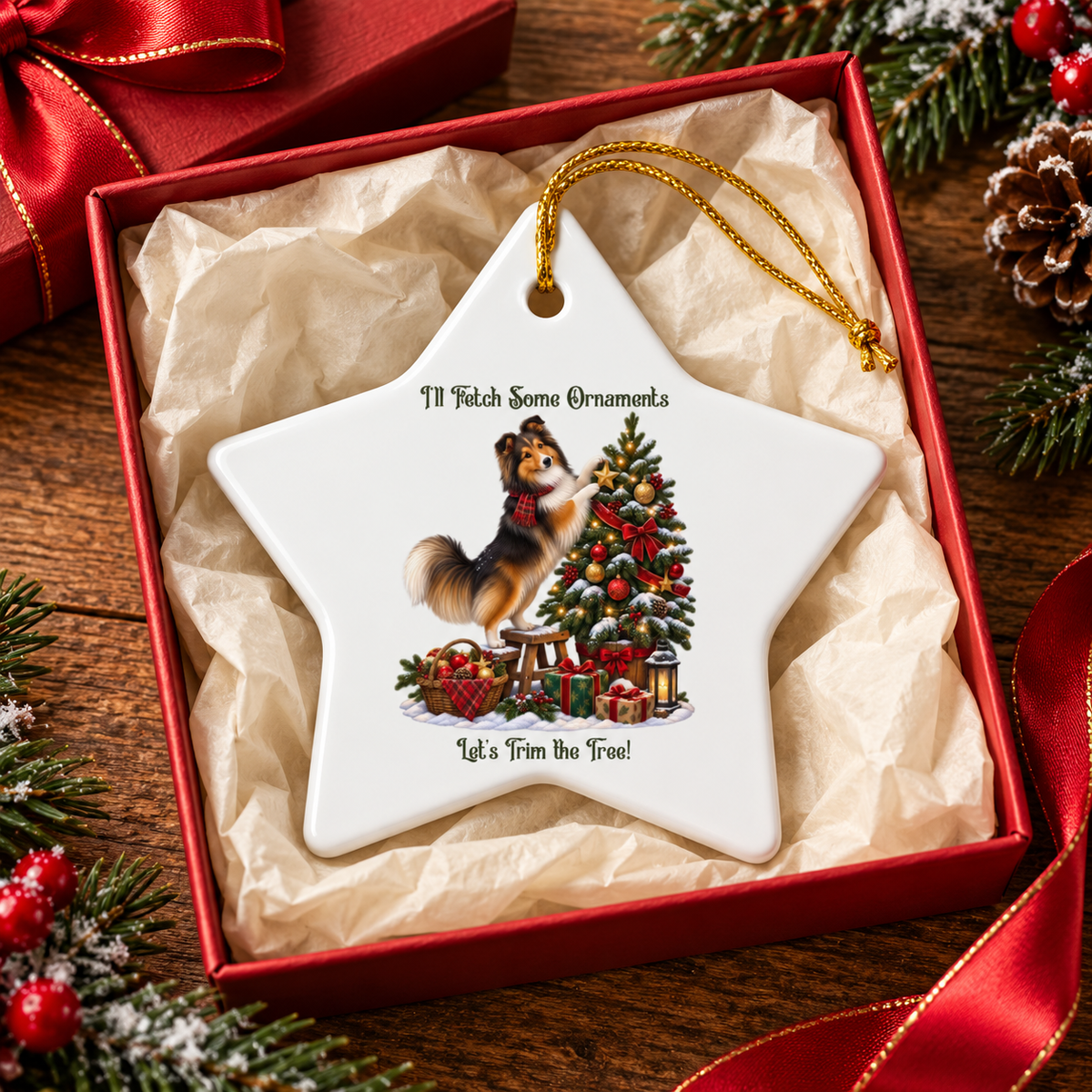 A white star-shaped ceramic Christmas ornament with a gold hanging loop, displayed inside a red gift box with tissue paper. The ornament features an illustration of a sable sheltie decorating a Christmas tree surrounded by the text 'I'll Fetch Some Ornaments' and 'Let's Trim the Tree!'.