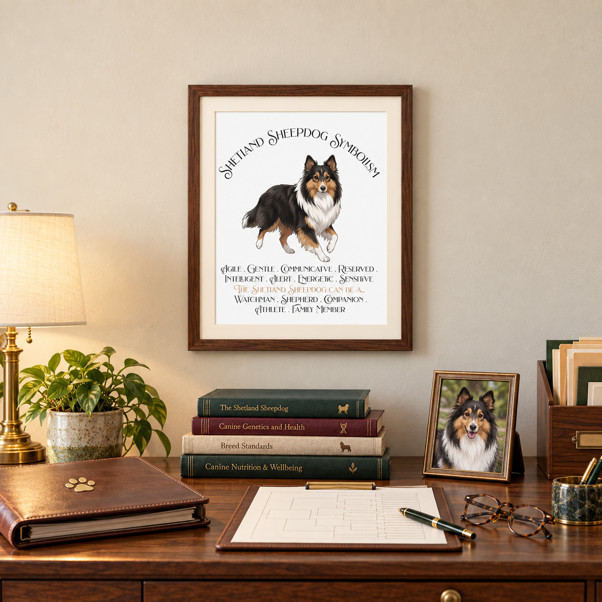 A framed Shetland Sheepdog Symbolism art print featuring a Sheltie illustration and text, displayed above a wooden desk with a pedigree journal, a paper with a dog's breeding line, a cup of pens, glasses, a potted plant, books, a lamp, and framed photo of a tricolor sheltie.