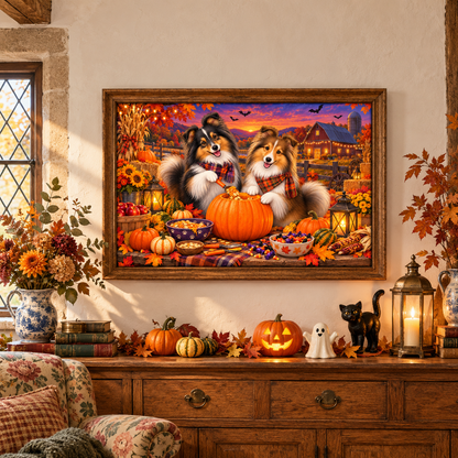 A framed Halloween-themed art print featuring two shelties with plaid scarves carving a large orange pumpkin, displayed on a wall above a decorated wooden console table with a jack o' lantern, pumpkins, figures of a cat and ghost, vases full of leaves and flowers, books, fall leaves, and lanterns. A floral chair with a plaid pillow and green blanket sits in front.