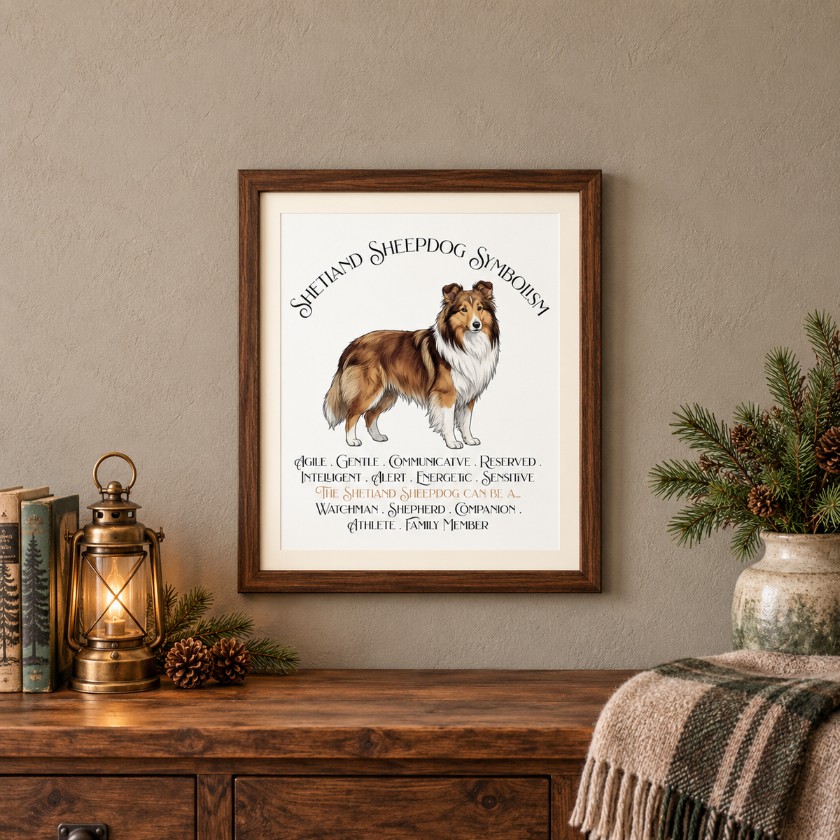 A framed vintage-style print titled 'Shetland Sheepdog Symbolism' featuring an illustration of a sheltie, displayed above a wooden console table with a lantern, books, a beige and green plaid blanket, and a plant.