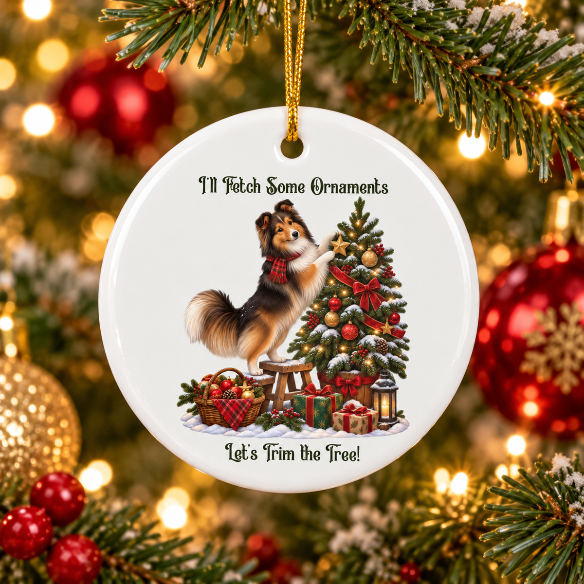A round white ceramic Christmas ornament hanging from a gold string, featuring an illustration of a sheltie trimming a Christmas tree with the words 'I'll Fetch Some Ornaments. Let's Trim the Tree!' The ornament is surrounded by a festive blurred background of Christmas trees, lights, and red ornaments.