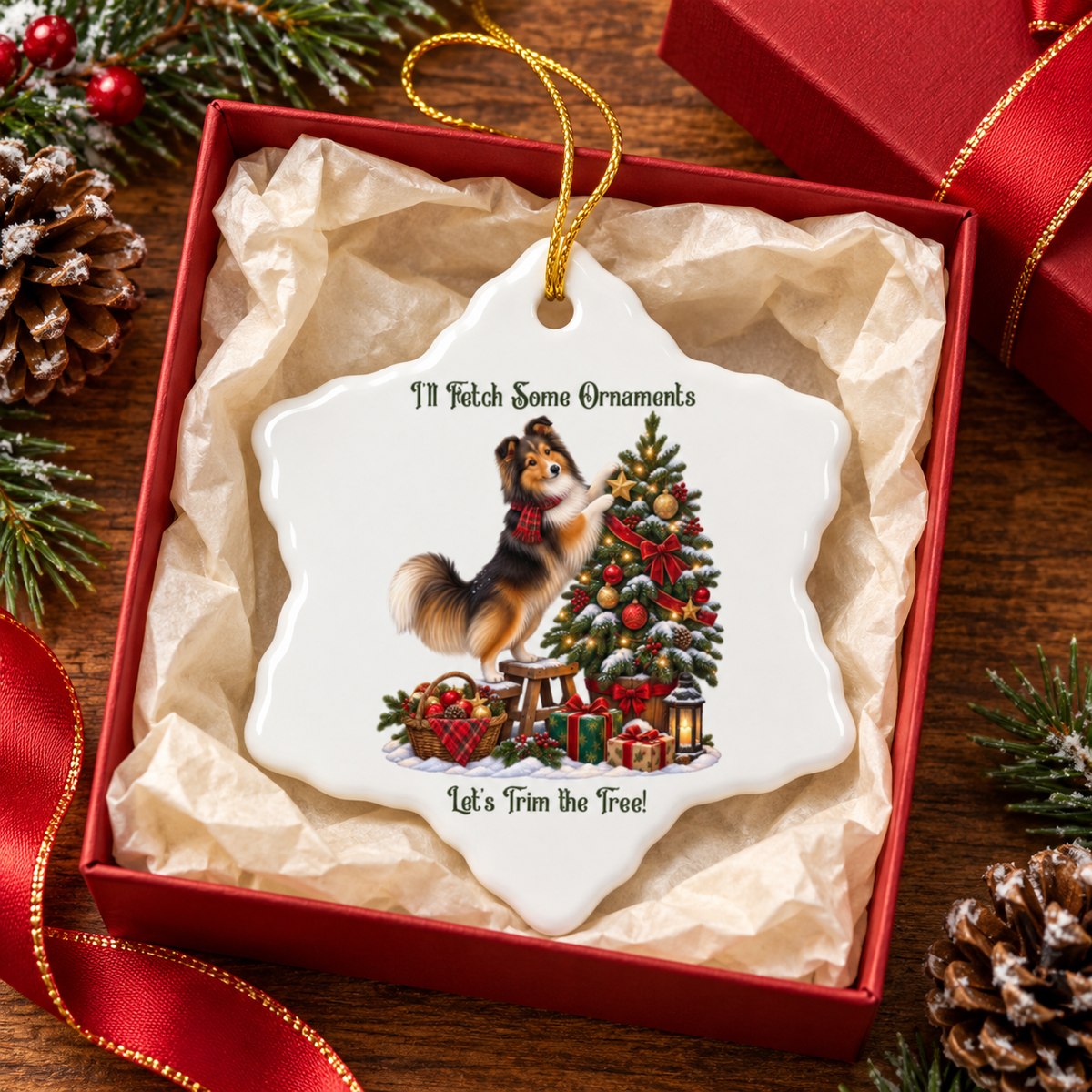 A ceramic snowflake-shaped Christmas ornament displayed in a red gift box with tissue paper, surrounded by pinecones, evergreen branches, and a red ribbon. The ornament features an illustration of a sheltie trimming a Christmas tree, with the text 'I'll Fetch Some Ornaments' at the top and 'Let's Trim the Tree!' at the bottom.