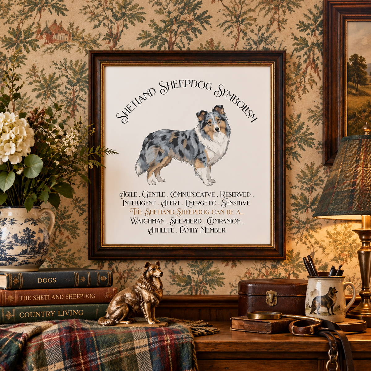 A framed print featuring a Sheltie illustration and the text 'Shetland Shepherd Symbolism' with traits, displayed against a floral wallpaper background and above a rustic wooden table with a lamp, a leather box, a sheltie figurine, a blanket, books, sheltie mug holding pens, and a leather lead.