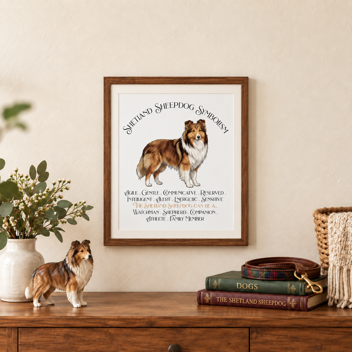 A framed art print featuring an illustration of a Shetland Sheepdog with text, displayed above a wooden console table with a small sheltie figurine, books, a dog leash, and a vase.