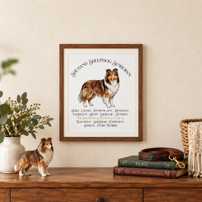 A framed art print featuring an illustration of a Shetland Sheepdog with text, displayed above a wooden console table with a small sheltie figurine, books, a dog leash, and a vase.