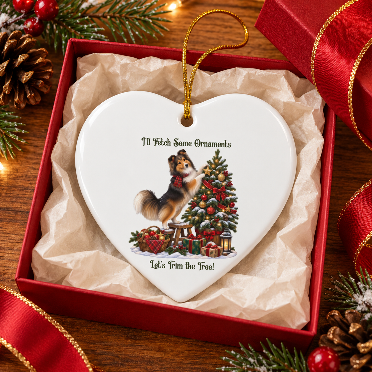 A heart-shaped white ceramic Christmas ornament displayed inside a red gift box with tissue paper. The ornament features an illustration of a sheltie trimming a Christmas tree, with the text 'I'll Fetch Some Ornaments' at the top and 'Let's Trim the Tree!' at the bottom.