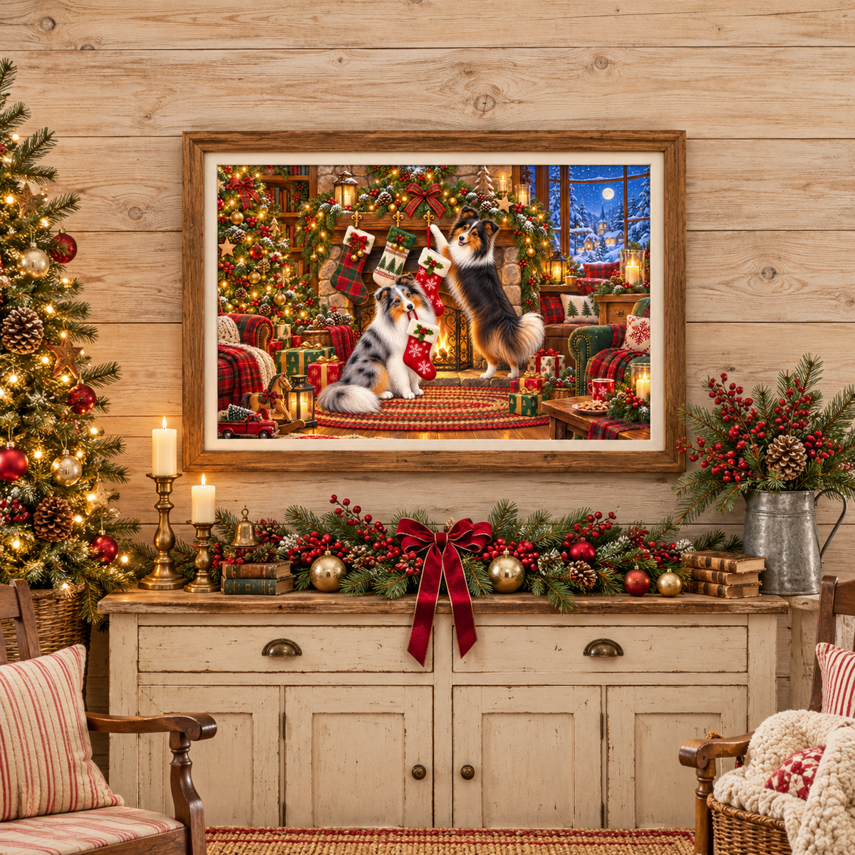 A large framed Christmas-themed print of two shelties hanging their stockings hangs on a rustic wood-paneled wall above a decorated holiday cabinet. Surrounding the cabinet are a tree, and two wood chair. The room is decorated in an old-fashioned way with red and gold ornaments, greenery, pinecones, and red berries.